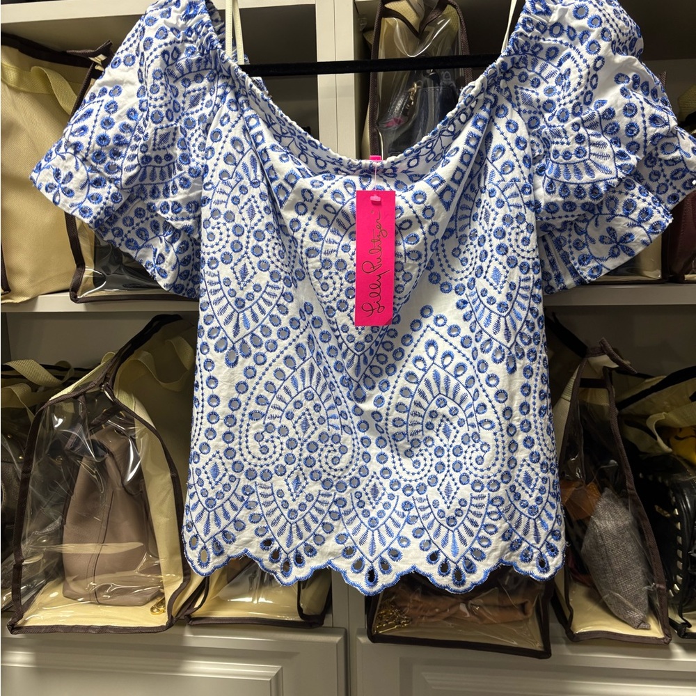 Lilly Pulitzer Lesley top BLUEFIN MOROCCAN EYELET NWT size M